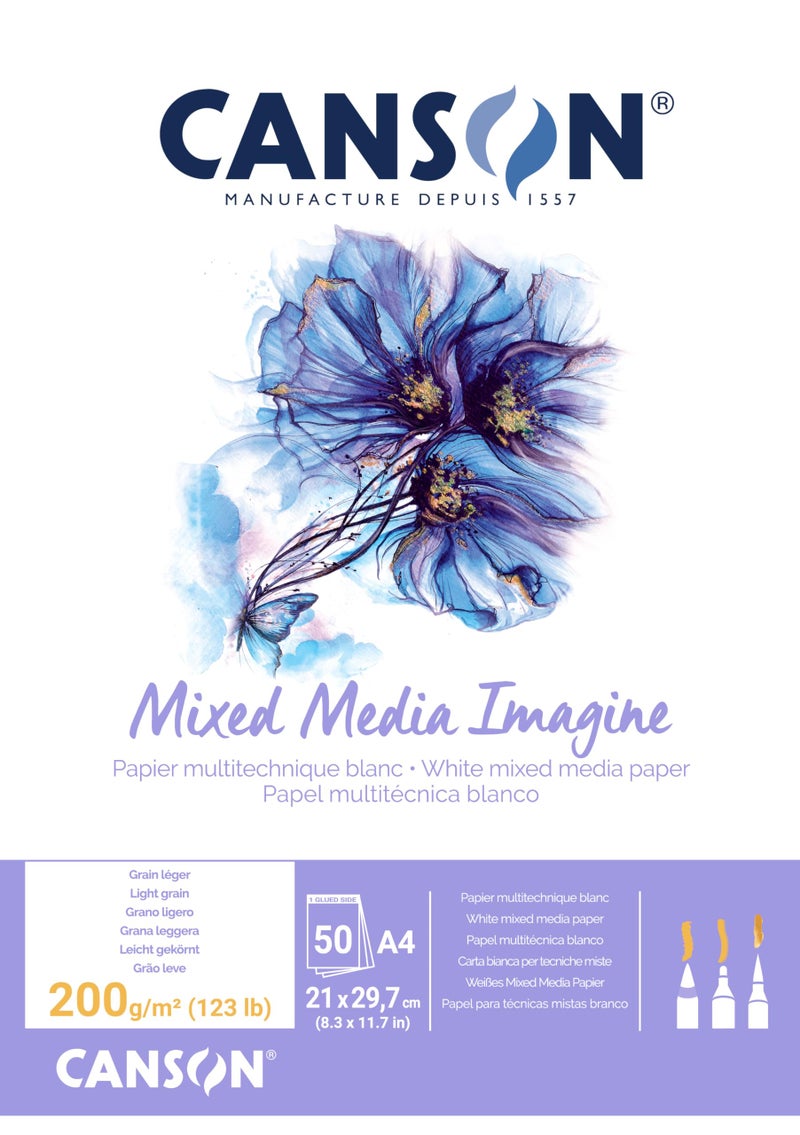 Canson Imagine Mixed Media 200gsm Paper, Natural White, A4 pad Including 50 Sheets