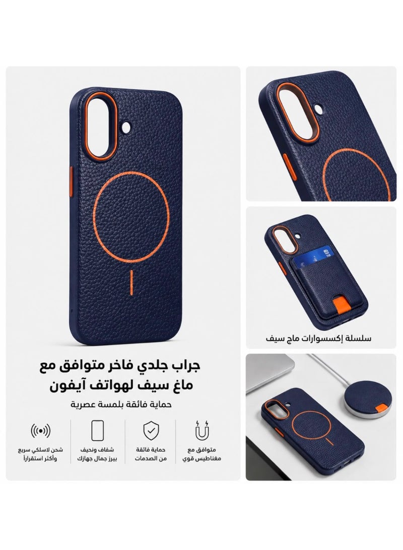 Premium magnetic protective case for iPhone 16 , MagSafe compatible, made of high-quality synthetic leather with a litchi texture and microfiber lining to protect the camera and corners. - Image 4