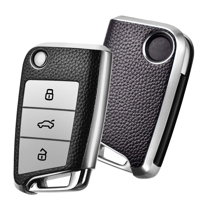 OATSBASF Car Key Case VW, VW Golf 7 Key Case, Key Box Cover for VW Polo, Skoda, Tiguan, MK7 3 Buttons (Silver Leather) - Image 1