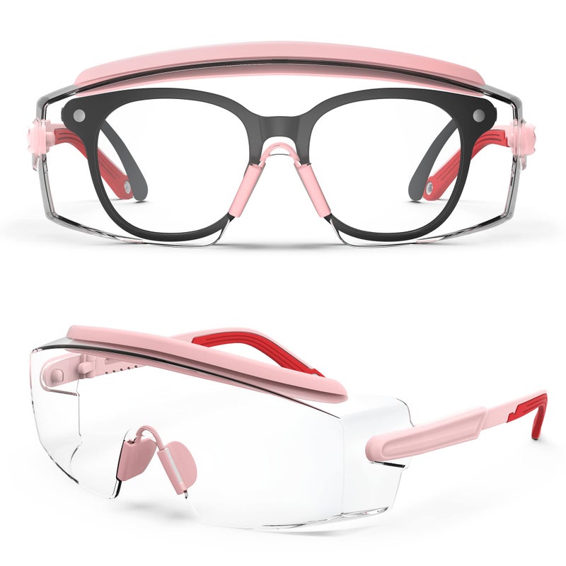 Anti Fog Safety Glasses Safety Goggles Over Glasses Protective Glasses with Anti Scratch Lenses Adjustable Frame And Temples Pink