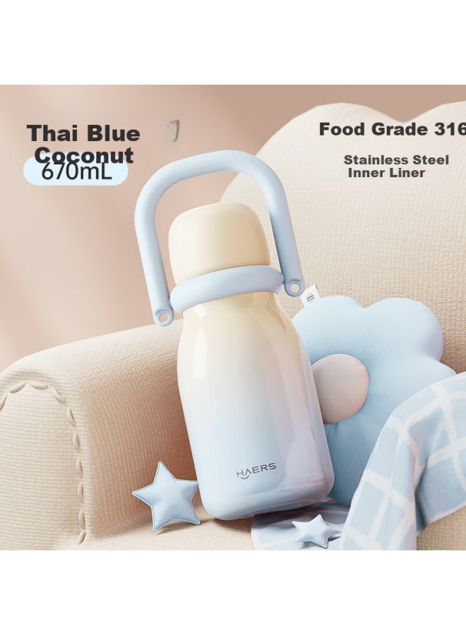 Haers Insulated Water Bottle For Women High-value Straw Cup Dual Drinking Mouth Portable Outdoor Tumbler Thai Blue Coconut (blue) 670ml