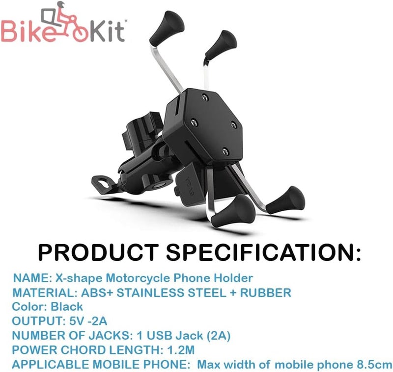 Bike Kit BikeKit X-Shape Bike Phone Holder with Waterproof USB Charger – 360° Rotatable, Universal Fit Motorcycle Phone Mount, Secure Grip, Shockproof Mount for Mobile Phones up to 8.5cm Wide – Black - Image 2