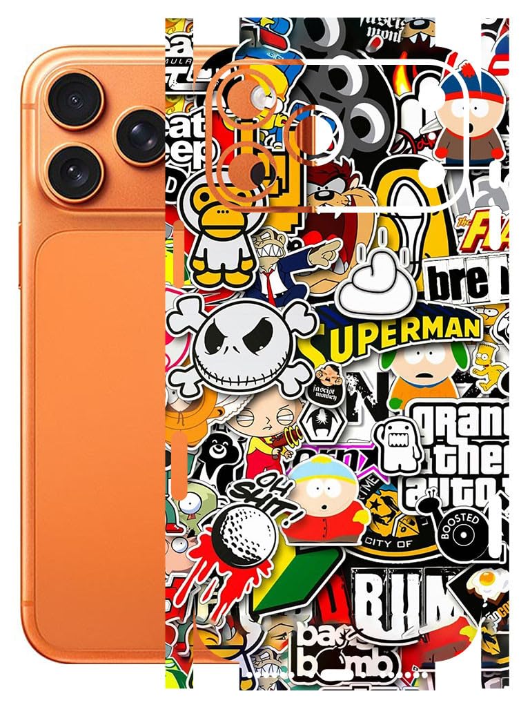 AtOdds - Full Body Back Screen Guard Protector Film - Lamination Wrap Skin Sticker for iPhone 17 Pro Max | Scratchproof Matte Finish (Design - Sticker Bomb) - Image 1