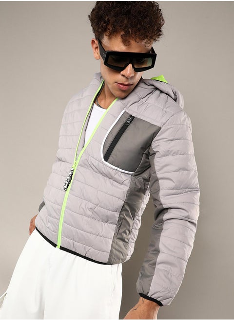 Men's Light Grey Puffer Jacket With Contrast Zipper