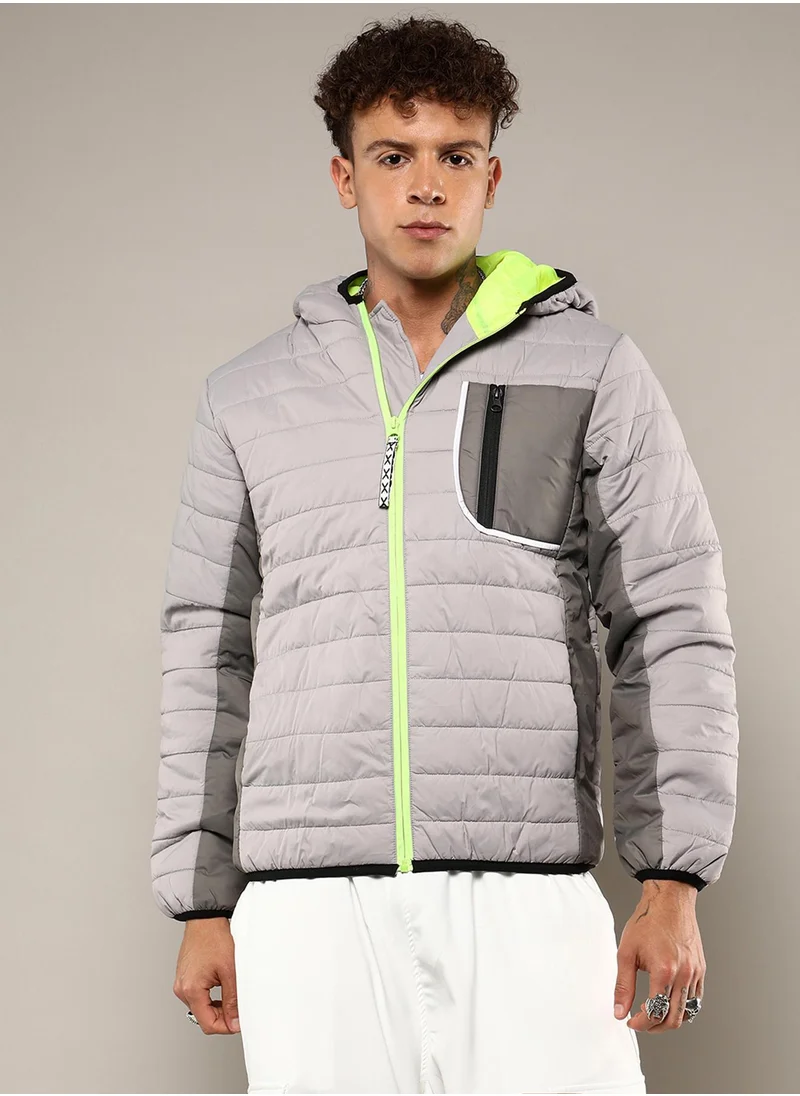 Campus Sutra Men's Light Grey Puffer Jacket With Contrast Zipper