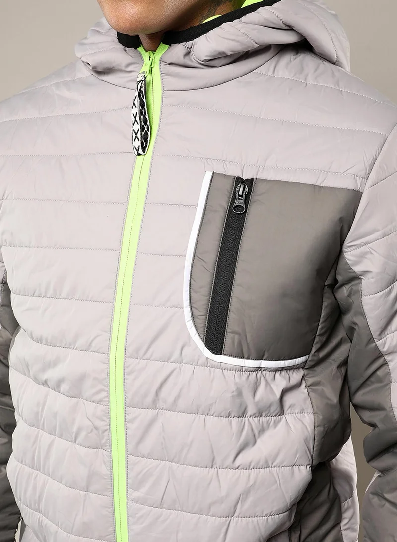 كامبوس سوترا Men's Light Grey Puffer Jacket With Contrast Zipper