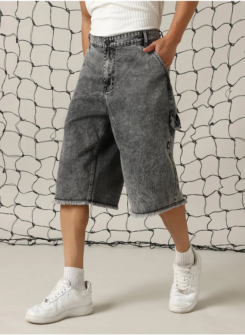 هوبرهولمي Men's Black 100% Cotton Distressed Cropped Loose Fit Shorts
