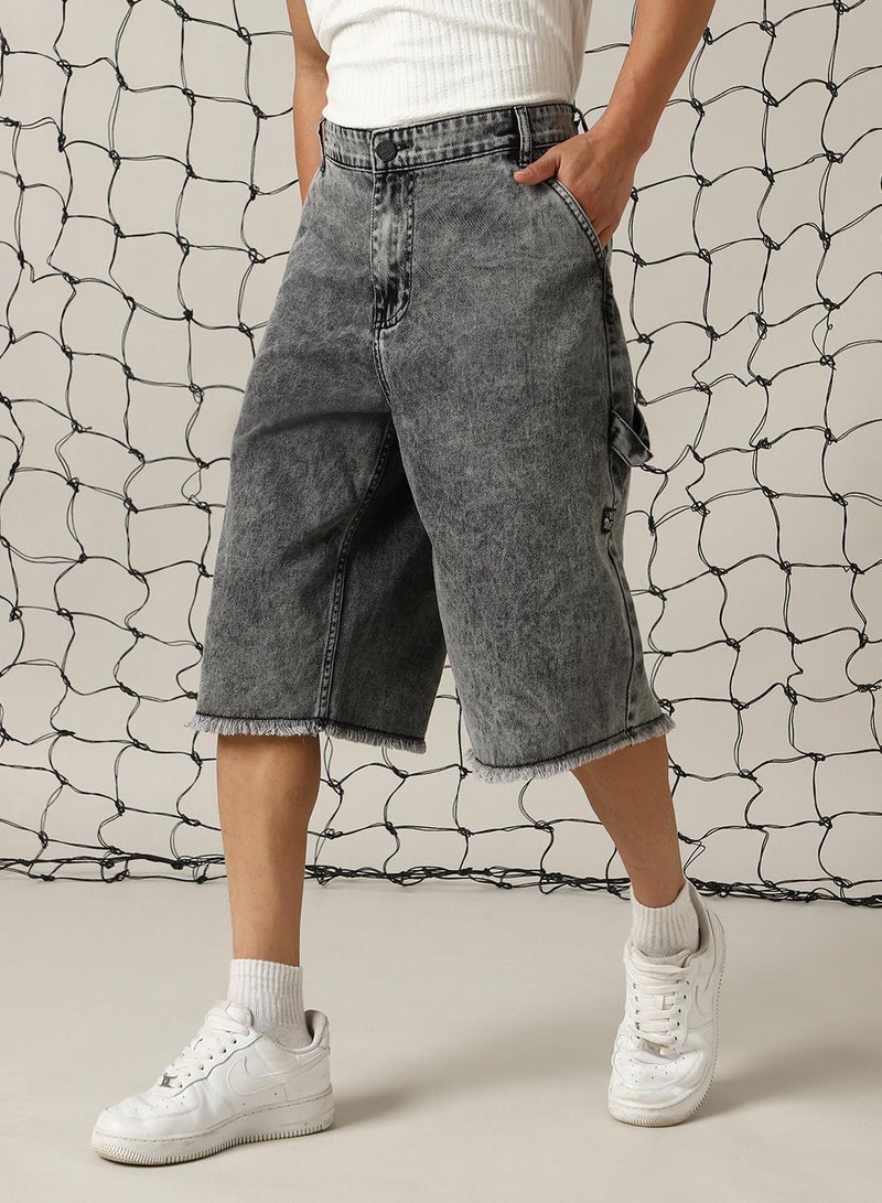 Hubberholme Men's Black 100% Cotton Distressed Cropped Loose Fit Shorts  - Image 2