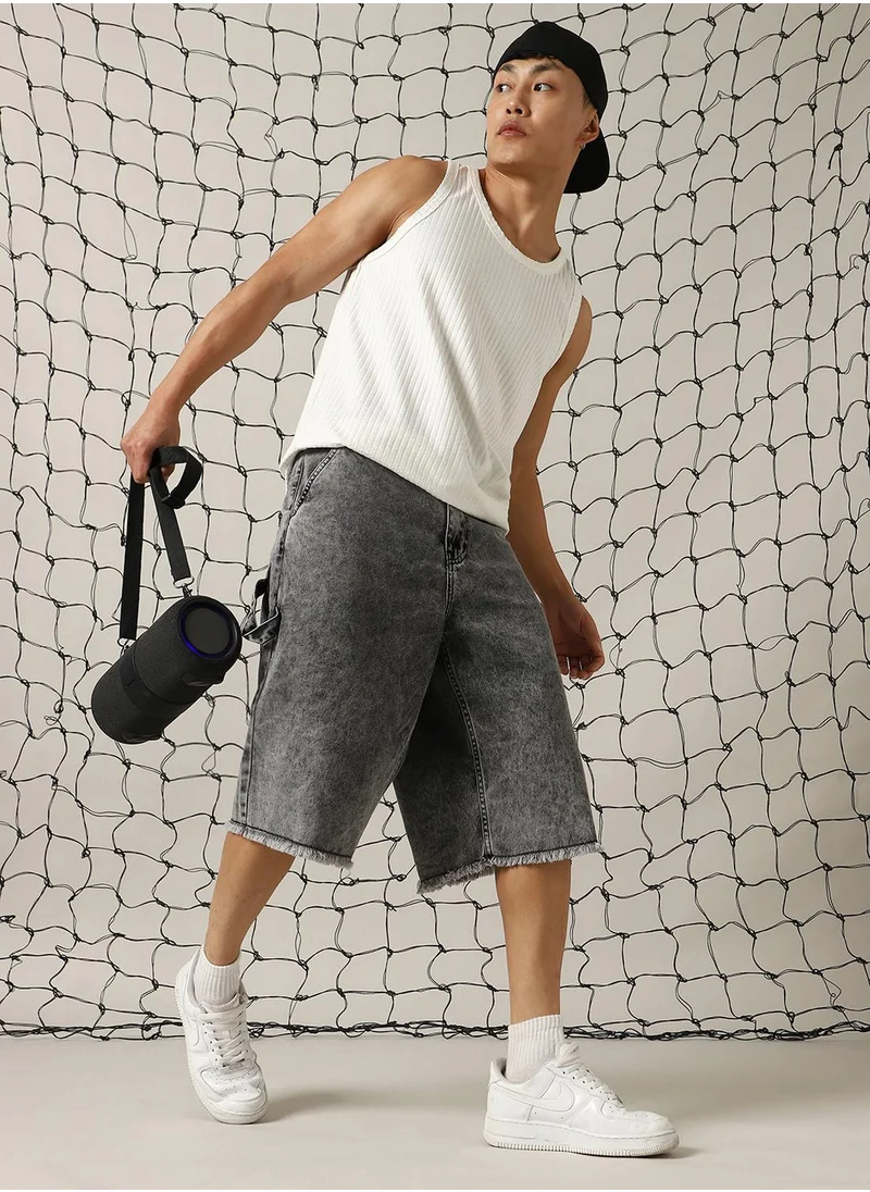 هوبرهولمي Men's Black 100% Cotton Distressed Cropped Loose Fit Shorts
