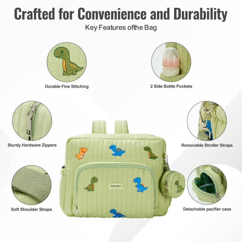 GOBABYMART Diaper Bag Backpack with Changing Pad - Travel Baby Bag, Insulated Bottle Pockets, Stroller Straps (Medium - Green Dinosaurs) - Image 3