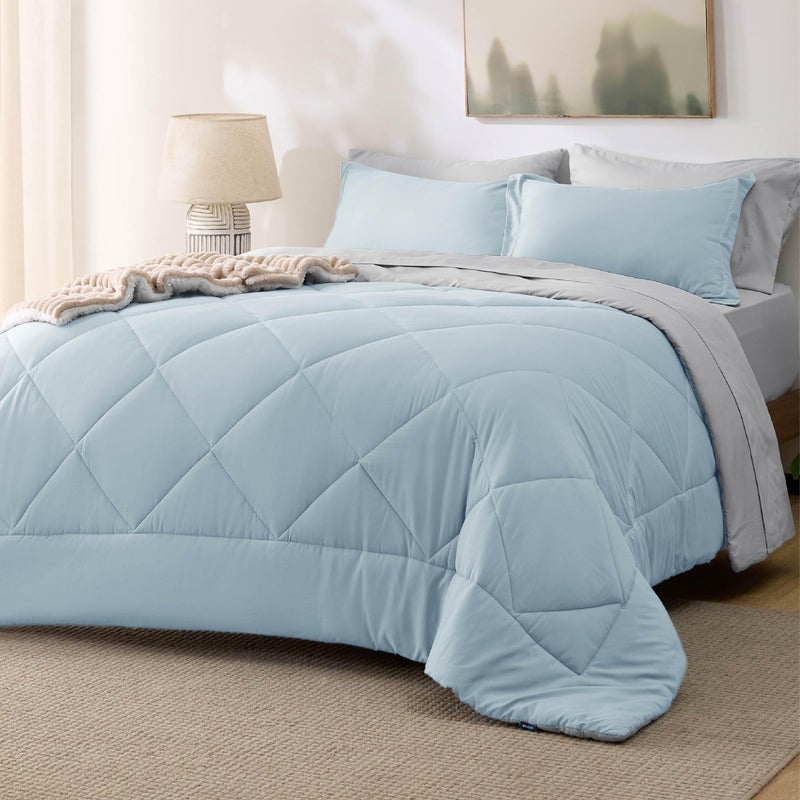 Bedsure Bedsure Full Size Comforter Set  7 Pieces Reversible Sky Blue Bedding Full Size Bed Set for All Seasons Bed in a Bag with Down Alternative Comforter Sheets Pillowcases  Shams 