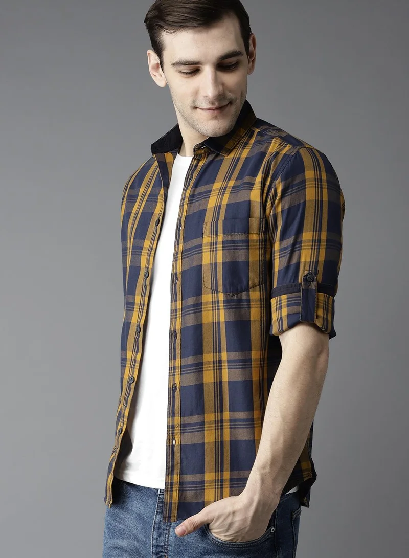 Dennis Lingo Blue, Yellow Men's Slim Fit Mustard and Blue Casual Cotton Spread Shirt for Men | Best Price UAE