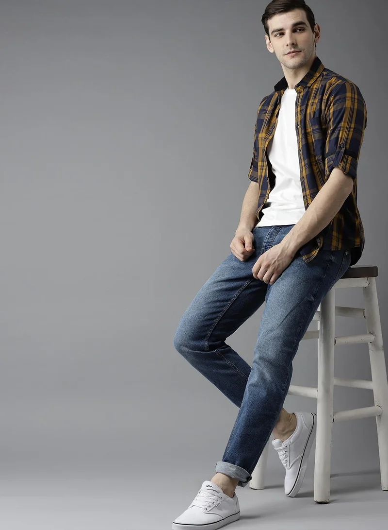 Dennis Lingo Blue, Yellow Men's Slim Fit Mustard and Blue Casual Cotton Spread Shirt for Men | Best Price UAE