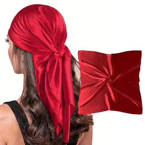 vimate Red Silk Scarf for Hair, 35'' Satin Square Silk Like Scarf for Head Sleeping at Night (Style 38-Red) - Image 1