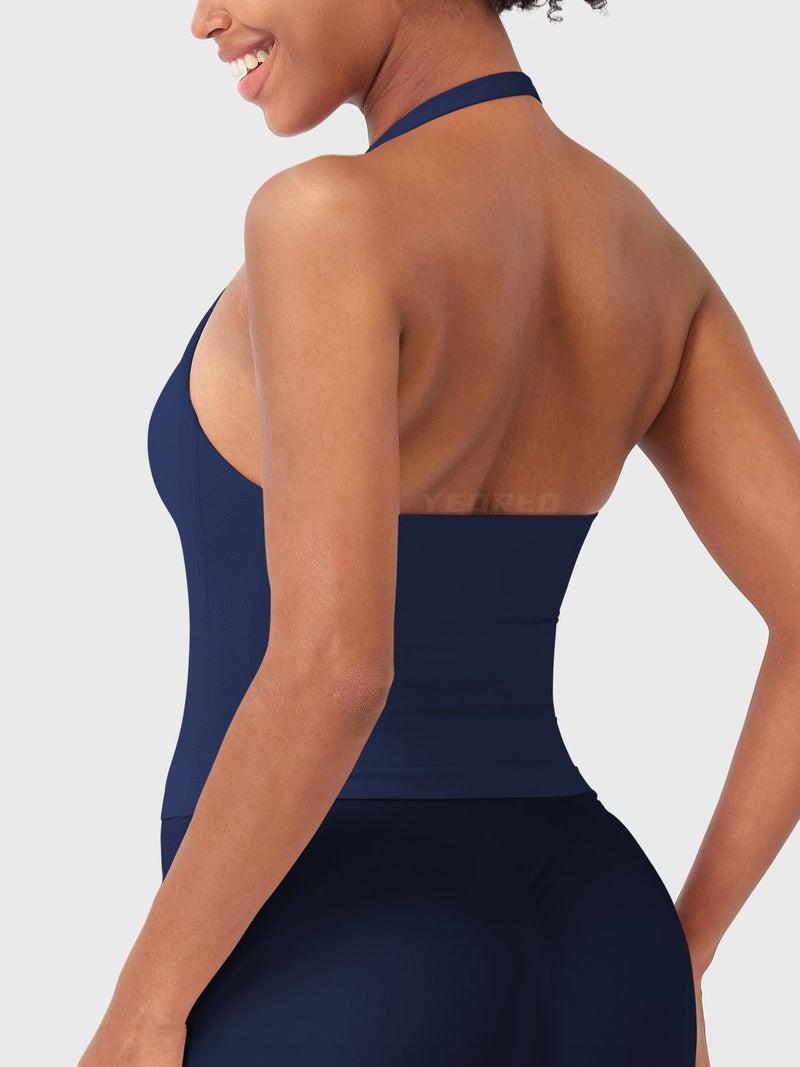 YEOREO SoftHue Women's Impact Halter Tank Top Longline Backless Scoop Neck Built-in Bra Sports Workout Gym Crop Top Ink M - Image 4