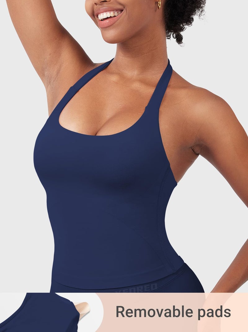 YEOREO SoftHue Women's Impact Halter Tank Top Longline Backless Scoop Neck Built-in Bra Sports Workout Gym Crop Top Ink M - Image 3