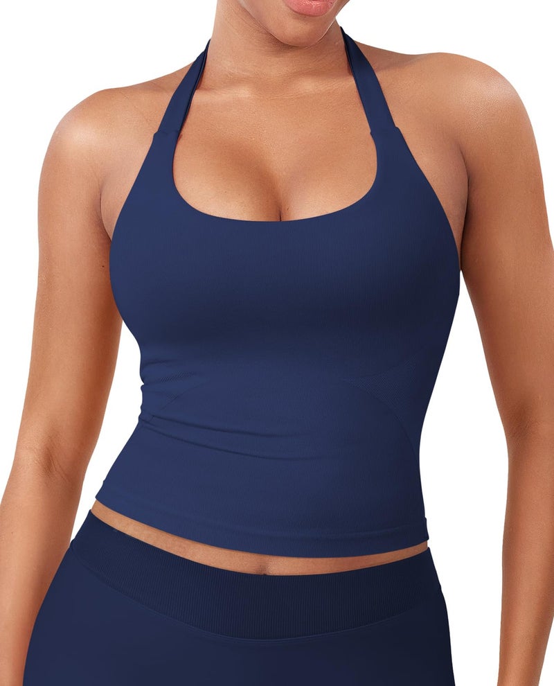 YEOREO SoftHue Women's Impact Halter Tank Top Longline Backless Scoop Neck Built-in Bra Sports Workout Gym Crop Top Ink M - Image 1