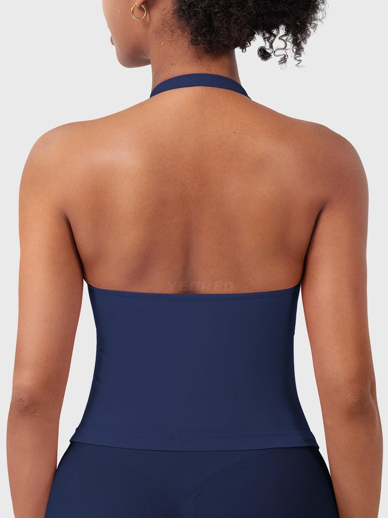 YEOREO SoftHue Women's Impact Halter Tank Top Longline Backless Scoop Neck Built-in Bra Sports Workout Gym Crop Top Ink M - Image 2