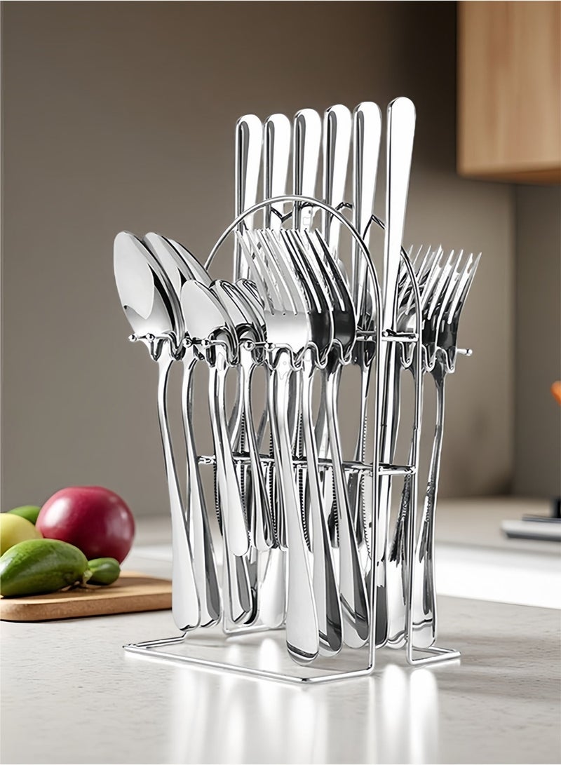 Exquisite 24-Piece Stainless Steel Cutlery Set with Holding Stand SilverFlatware Utensils Including Dinner Knife,Fork,Spoon Teaspoon and Holder Suitable for 6 people, household kitchen dining table utensils, dinner use, easy to store，dishwasher safety - Image 1