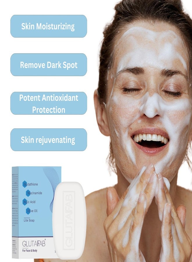 GLUTAFAB صابون جلوتافاب لايت لترطيب وتفتيح البشرة مع الجلوتاثيون والنياسيناميد وزيت الزيتون | يقلل البقع الداكنة والتصبغات والعيوب | مناسب لجميع أنواع البشرة | للرجال والنساء | 75 غرام (عبوة من 4 قطع) - Image 3