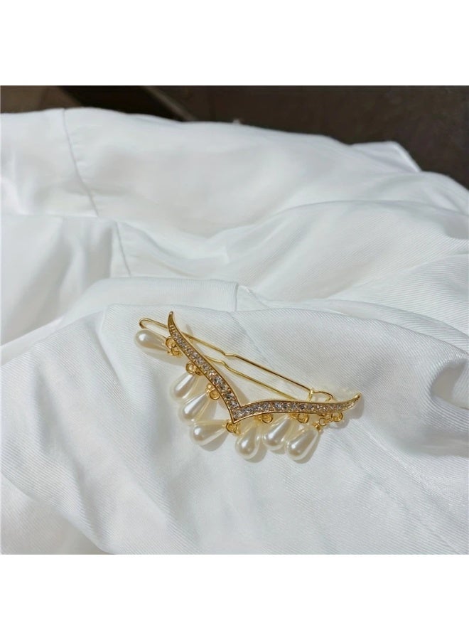 Goolsky Elegant Golden-Tone V-Shaped Hair Clip with Sparkling Rhinestones & Dangling Faux Pearl Tassels - Chic Zinc Alloy Accessory for Casual Styles ﻿ - Image 3