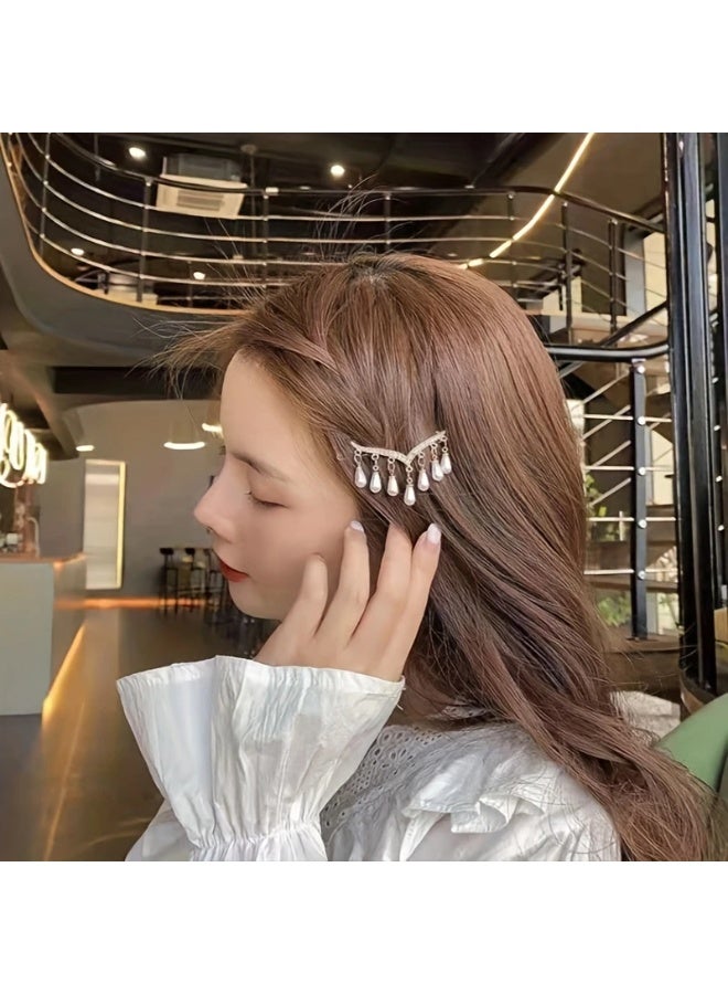 Goolsky Elegant Golden-Tone V-Shaped Hair Clip with Sparkling Rhinestones & Dangling Faux Pearl Tassels - Chic Zinc Alloy Accessory for Casual Styles ﻿ - Image 2
