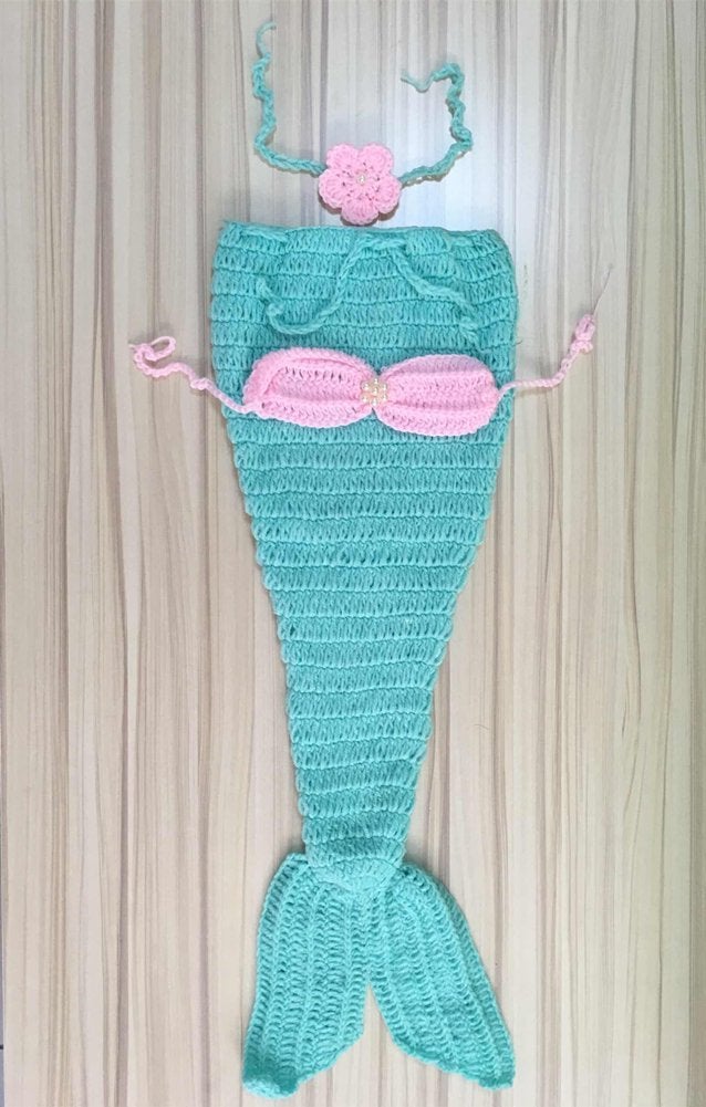 Pinbo Newborn Baby Photography Prop Crochet Mermaid Headband Bra Tail - Image 3
