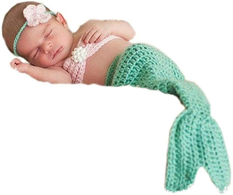 Pinbo Newborn Baby Photography Prop Crochet Mermaid Headband Bra Tail - Image 5