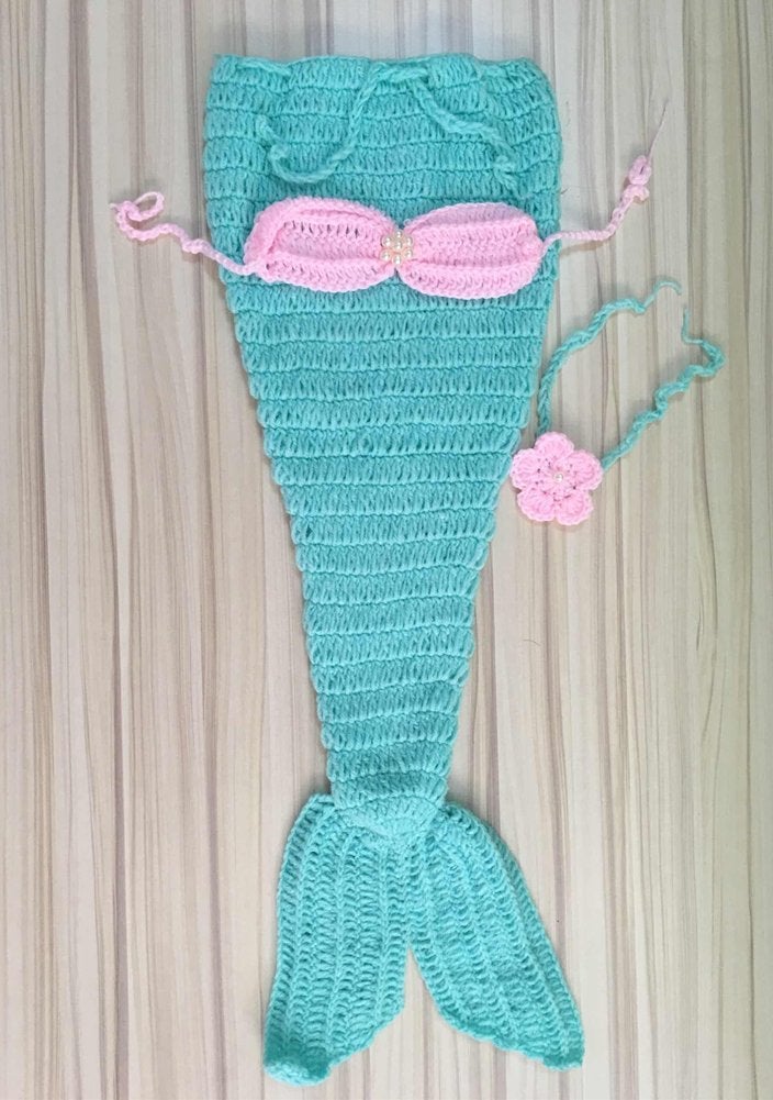 Pinbo Newborn Baby Photography Prop Crochet Mermaid Headband Bra Tail - Image 4