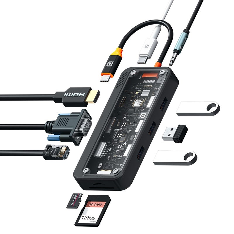 Portronics محطة إرساء MPort View ثلاثية 10 في 1 USB-C، شحن 100 واط PD، 4K HDMI، VGA، Ethernet 1000M، فتحات بطاقة SD/TF، منافذ USB 3.0/2.0، صوت 3.5 مم، لجميع أجهزة Type C، ويندوز/ماك بوك - Image 1
