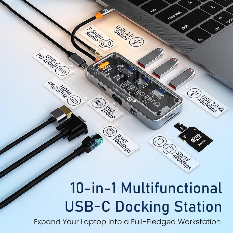 Portronics محطة إرساء MPort View ثلاثية 10 في 1 USB-C، شحن 100 واط PD، 4K HDMI، VGA، Ethernet 1000M، فتحات بطاقة SD/TF، منافذ USB 3.0/2.0، صوت 3.5 مم، لجميع أجهزة Type C، ويندوز/ماك بوك - Image 2