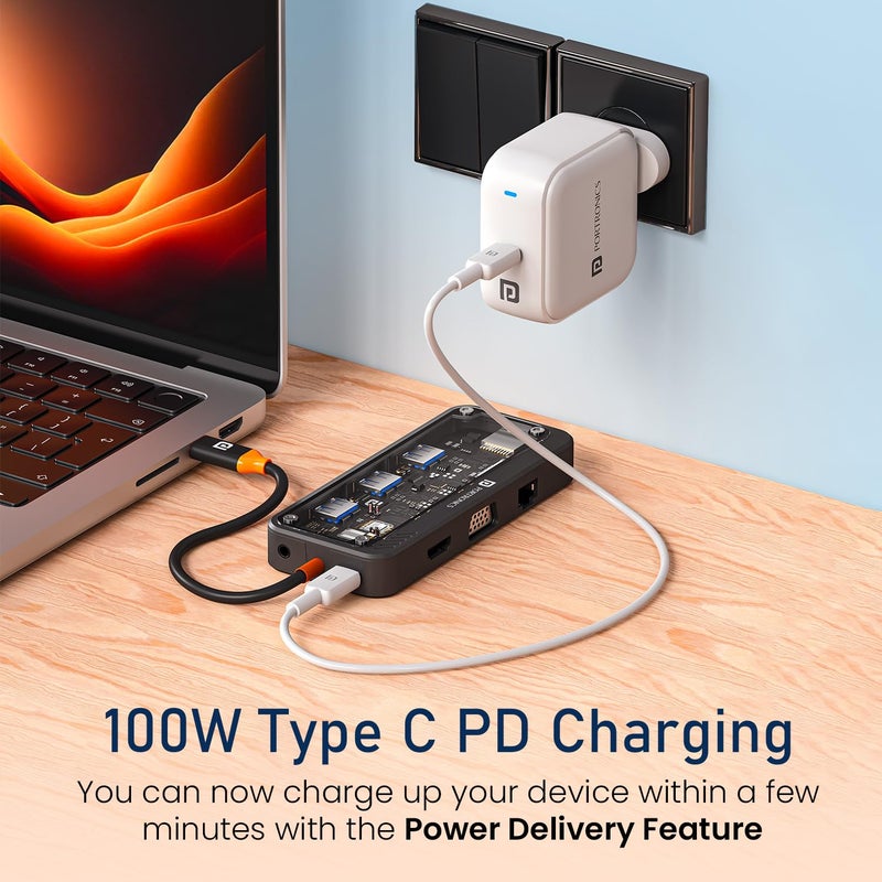 Portronics محطة إرساء MPort View ثلاثية 10 في 1 USB-C، شحن 100 واط PD، 4K HDMI، VGA، Ethernet 1000M، فتحات بطاقة SD/TF، منافذ USB 3.0/2.0، صوت 3.5 مم، لجميع أجهزة Type C، ويندوز/ماك بوك - Image 3
