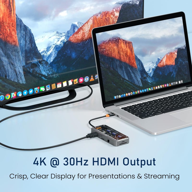 Portronics محطة إرساء MPort View ثلاثية 10 في 1 USB-C، شحن 100 واط PD، 4K HDMI، VGA، Ethernet 1000M، فتحات بطاقة SD/TF، منافذ USB 3.0/2.0، صوت 3.5 مم، لجميع أجهزة Type C، ويندوز/ماك بوك - Image 4