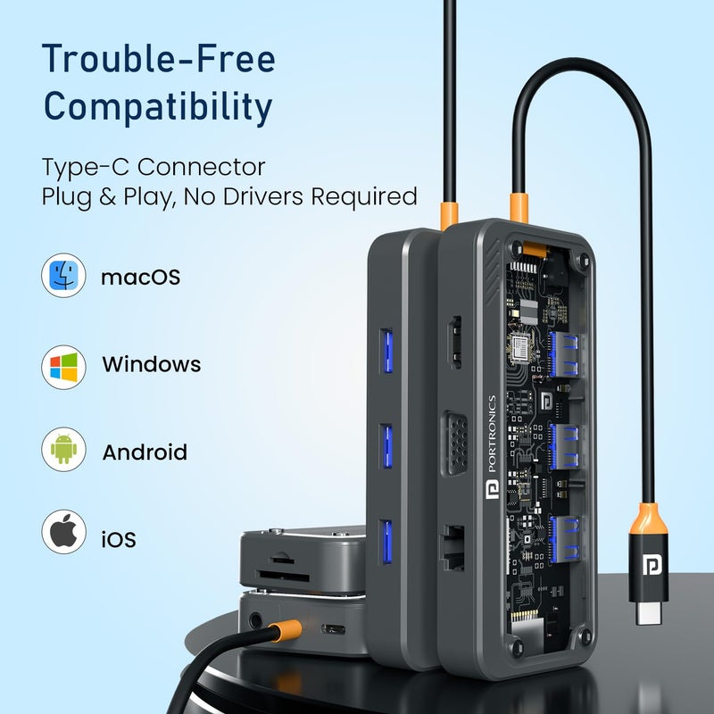 Portronics محطة إرساء MPort View ثلاثية 10 في 1 USB-C، شحن 100 واط PD، 4K HDMI، VGA، Ethernet 1000M، فتحات بطاقة SD/TF، منافذ USB 3.0/2.0، صوت 3.5 مم، لجميع أجهزة Type C، ويندوز/ماك بوك - Image 5