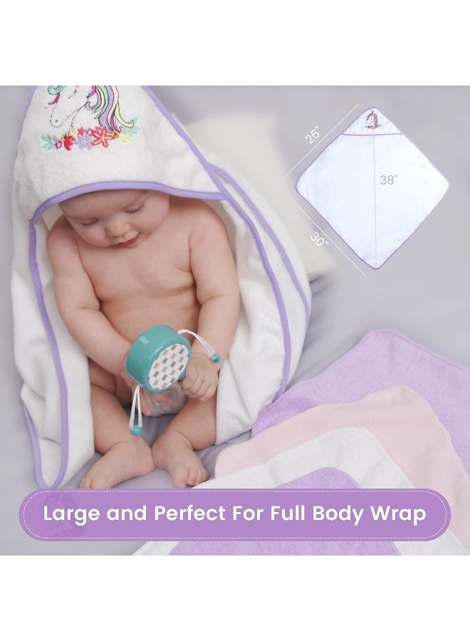 Viviland Baby Towels and Washcloths, Soft Absorbent Purple Baby Bath Towel Set, Unicorn Hooded Towels with 5 Infant Face Washcloths (6 Pieces) - Image 2