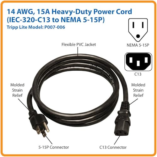 Tripp Lite P007-006 Heavy Duty Computer Power Cord, 15A, 14AWG (NEMA 5-15P to IEC-320-C13), 6-ft Black - Image 2