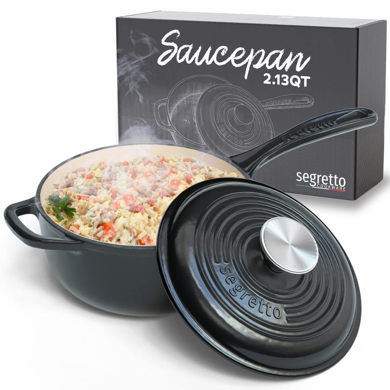 Small Sauce Pan with Lid 213 QT Nero Black Sauce Pot Small Pot with Stay Cool Helper Handle and TightFitting Lid Warmer Pan Segretto Cookware
