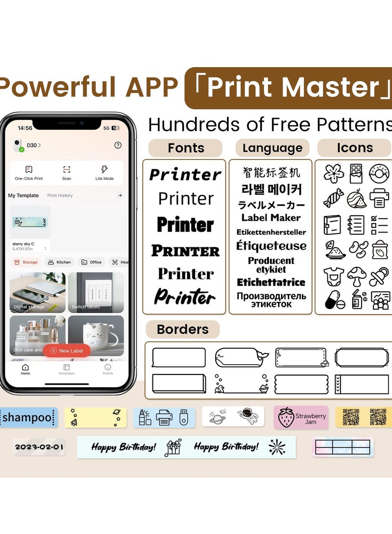 فوميمو آلة صنع الملصقات D30، طابعة ملصقات صغيرة محمولة تعمل بالبلوتوث، ملصقات حرارية محمولة للهواتف الذكية، ملصقات صغيرة متعددة القوالب، أيقونات الخطوط، ملصقات مخصصة بدون حبر للاستخدام المنزلي للأطفال والأدوات المدرسية - Image 5