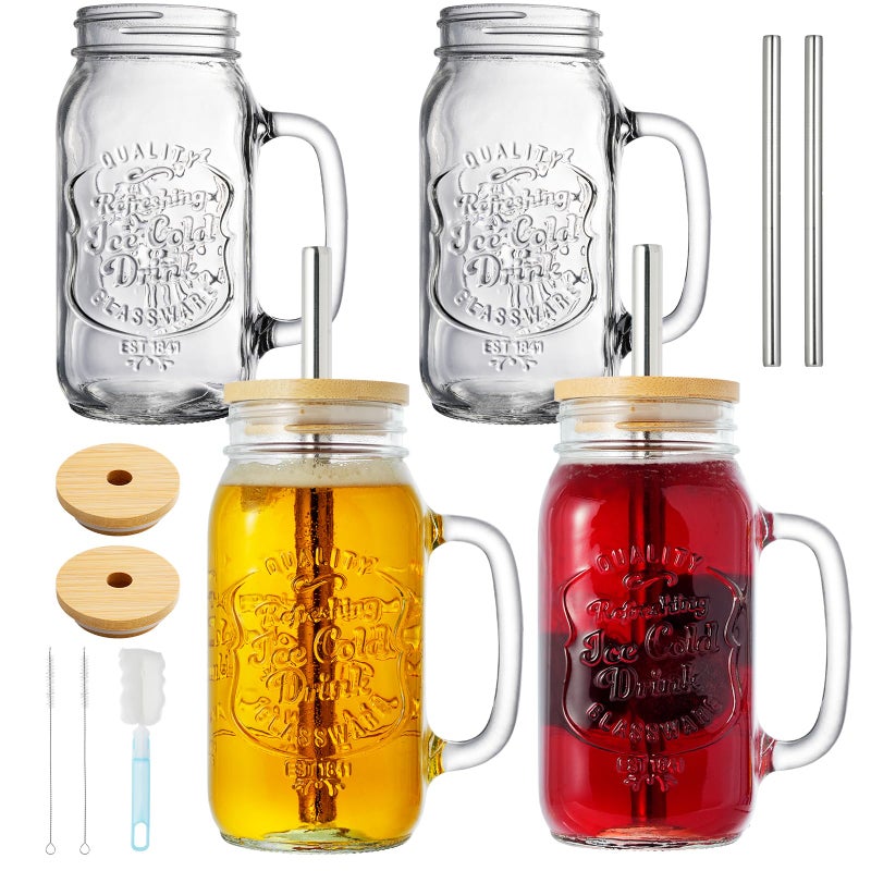 EABOSON 4 Pack 24oz Mason Drinking Jars with Lids and Straws, Iced Coffee Cup with Handle and 3 Brushes, Glass Mugs Ideal for Cold Beverages, Juice, Smoothie, Cocktails - Image 1
