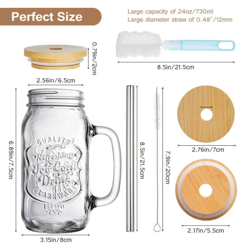 EABOSON 4 Pack 24oz Mason Drinking Jars with Lids and Straws, Iced Coffee Cup with Handle and 3 Brushes, Glass Mugs Ideal for Cold Beverages, Juice, Smoothie, Cocktails - Image 2