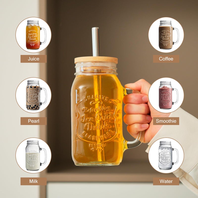 EABOSON 4 Pack 24oz Mason Drinking Jars with Lids and Straws, Iced Coffee Cup with Handle and 3 Brushes, Glass Mugs Ideal for Cold Beverages, Juice, Smoothie, Cocktails - Image 5