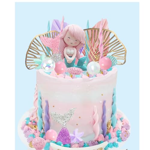 DiDida Mermaid Cake Topper Under The Sea Cake Toppers set with Little Mermaid Seaweed Bubble Golden Leaves for Mermaid Birthday - Image 1