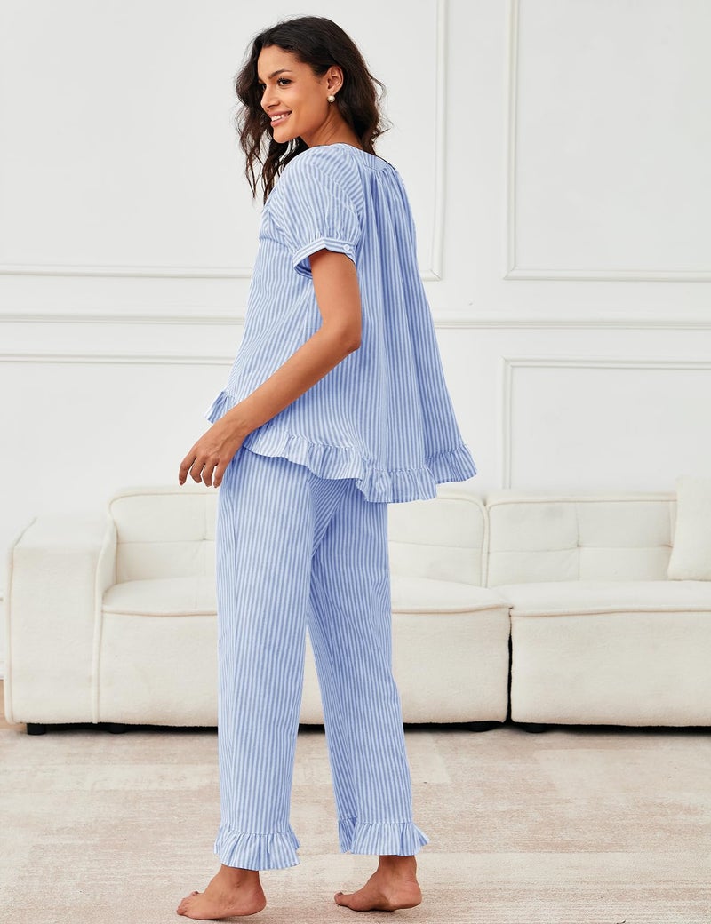 Flygo Womens Striped Pajama Sets 2 Piece Cotton Pjs Lounge Set Ruffle Button Down Tops Long Pants Soft Sleepwear with Pockets(Blue-XL) - Image 4