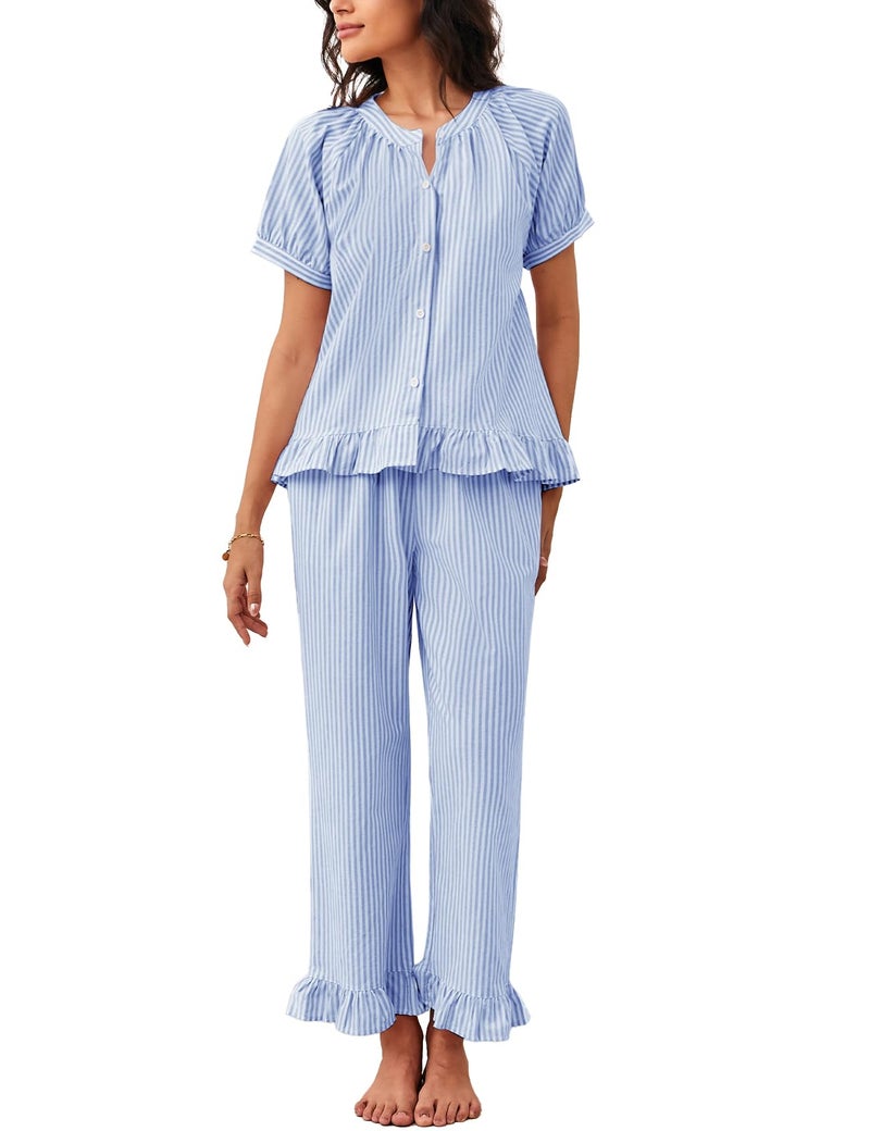 Flygo Womens Striped Pajama Sets 2 Piece Cotton Pjs Lounge Set Ruffle Button Down Tops Long Pants Soft Sleepwear with Pockets(Blue-XL) - Image 1