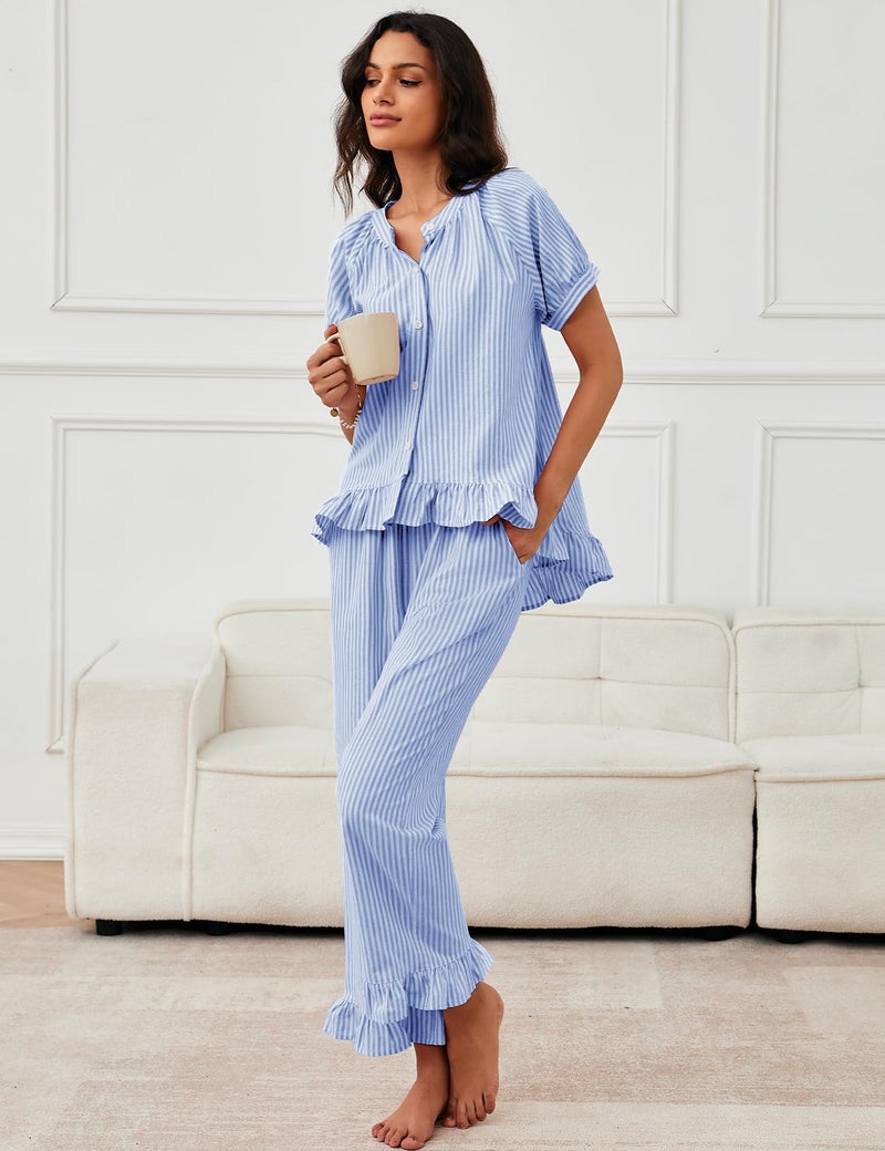 Flygo Womens Striped Pajama Sets 2 Piece Cotton Pjs Lounge Set Ruffle Button Down Tops Long Pants Soft Sleepwear with Pockets(Blue-XL) - Image 3