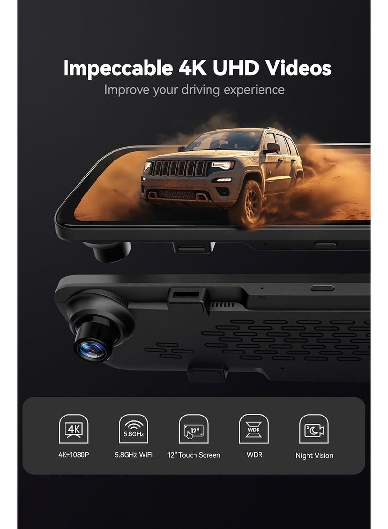 WOLFBOX G840S 12" 4K Mirror Dash Cam Backup Camera, 5.8GHz WiFi Smart Rearview Mirror for Cars & Trucks, Front and Rear View Dual Cameras, Night Vision, Parking Assistance, Included 32GB Card & GPS - Image 2