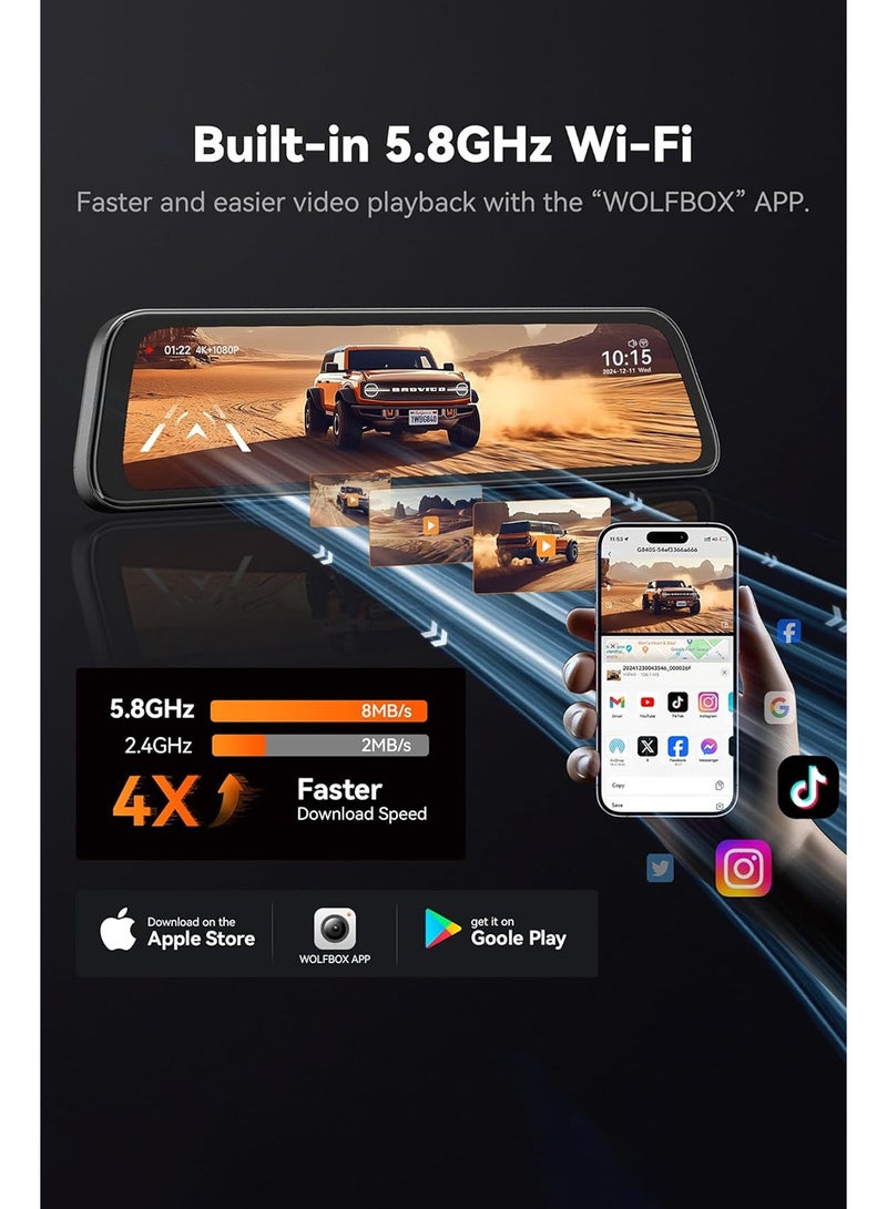 WOLFBOX G840S 12" 4K Mirror Dash Cam Backup Camera, 5.8GHz WiFi Smart Rearview Mirror for Cars & Trucks, Front and Rear View Dual Cameras, Night Vision, Parking Assistance, Included 32GB Card & GPS - Image 3