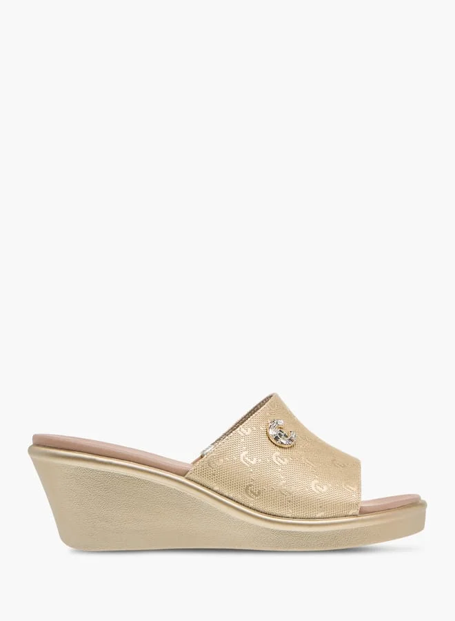 لو كونفورت Womens Monogram Embossed Sandals With Wedge Heels