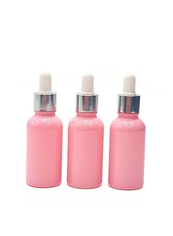 ٣ عبوات قطّارة زجاجية وردية بغطاء فضي – سعة 30 مل قابلة لإعادة التعبئة للسيروم، الزيوت، ومستحضرات التجميل السائلة