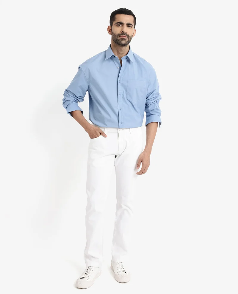 رير رابِت Rare Rabbit Men's Crofty Blue Cotton Lycra Fabric Full Sleeves Collared Neck Regular Fit Plain Shirt